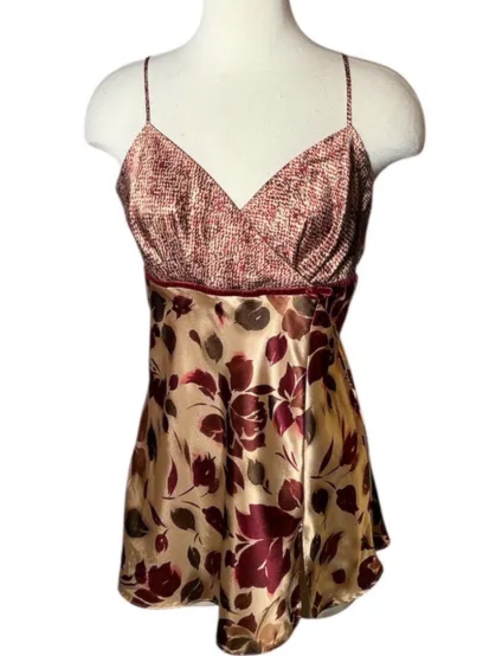 Vintage Victoria's Secret Floral-Print Satin Slip in Gold and Burgundy